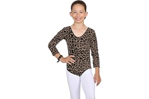 Janisramone Girls Kids Leopard Print Long Sleeve Stretch Microfibre Dance Gymnastics Leotard Bodysuit Top