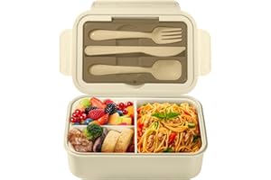 Diboniur Porta Pranzo, 1400ml Lunch Box con Posate, Schiscetta Pranzo Bambino Adulto Bento Box con 3 Scomparti, Schiscetta Contenitore Ermetico per Microonde Ufficio Lavoro Picnic (Khaki)
