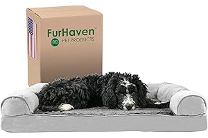 Furhaven Large Memory Foam Dog Bed Plush & Suede Sofa-Style w/Removable Washable Cover - Gray, Large