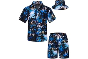 TUNEVUSE Kleine und große Jungen hawaiianisches Hemd und kurzes Set, Sommer bedruckte Kinder Cabina Set mit Hüten