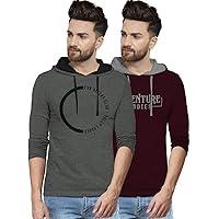 BULLMER Mens Regular Fit Cotton Hooded Casual Tshirts - Combo Pack of 2