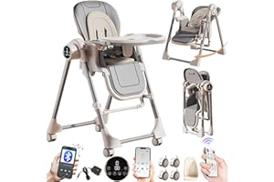 Magic ZC Elettrico Bluetooth Intelligente Pelle PU Seggiolone per Bambini Sedia da Pranzo per Multifunzionale Pappa Regolabili Convertibile Pieghevole con Doppi Vassoi Staccabili e Ruote (E8121 Grey)