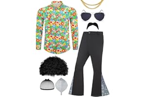 Ragelion Uomo 70s Disco Outfit Adulto Halloween Costume Include Retro Camicia Bell Bottom Pantaloni Parrucca Occhiali da sole Collana Baffi Parrucca Cap per la festa