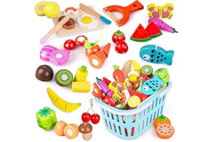 kramow Wooden Play Food Toys for Kitchen, Toddlers Cutting Fruits Vegetables, Play Kitchen Accessories with Carry Basket, Pretend Role-Play Educational Toys Gifts for Kids Girls Boys 3+ years old