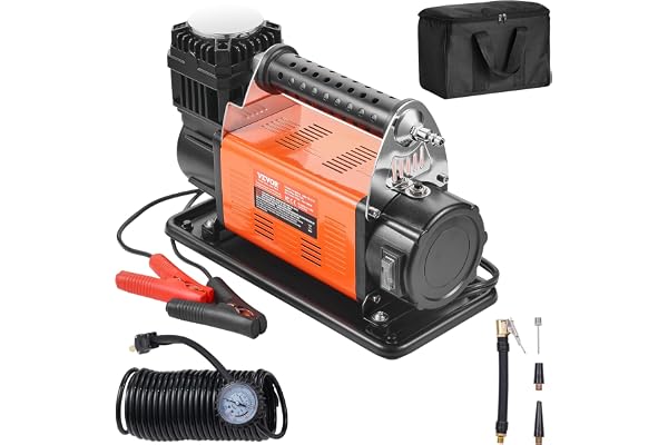 VEVOR Compresseur d'air Robuste 12 V, gonfleur de pneus Portable 200 L/Min, kit gonflage pneus 10,3 Bar, Pompe à air Tout-Terrain avec adaptateurs, manomètre, pour camions, Voitures, SUV, Camping-Car