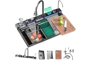 Ribanedy 90 cm Fregadero de cascada digital multifuncional, fregadero cocina 1 seno inoxidable de un solo tazón con grifo de cascada extraíble, lavavasos y juego de accesorios para fregadero