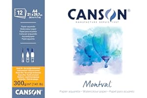 CANSON Montval, Carta per acquerelli, grana fine, 300 gsm, 141 lb, foglio, A4-21 x 29,7 cm, bianco naturale