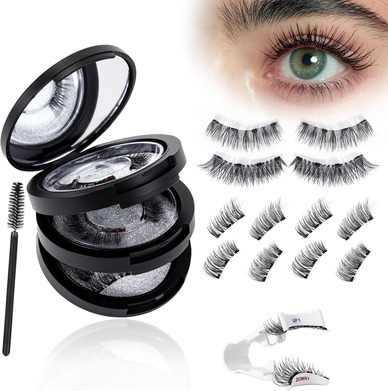 Faux cils magnétiques au look naturel avec applicateur, modèles cils complets et 3/4, faux cils magnétiques réutilisables sans colle ni eye-liner