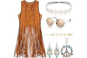 Alintor Hippie Kostüm Damen, 70er Jahre Outfit, Weste Mit Accessoires, Flower Power Kleidung, Faschingskostüme, Karneval Kostüm