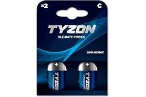 TYZON C Super alkaliska batterier, 1,5 volt, 2 stycken – perfekt för enheter med låg strömförbrukning
