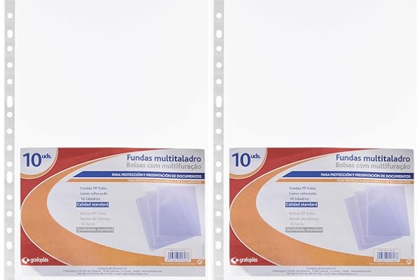Grafoplas - Bolsa de 10 Fundas con Taladros Polipropileno Estándar, Tamaño Folio, Transparentes, Perfectas para Proteger Hojas de Papel tamaño A4 y Folio (Paquete de 2)