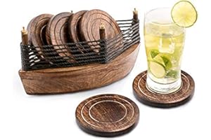YIERSAN Set di 6 sottobicchieri fatti a mano in legno: ecologico, assorbente, effetto anticato. (Boat Coaster)