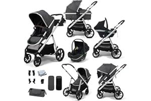 Babylo Zap Travel System with i-Size Infant Carrier, Ride-on Board, Organiser and Cup Holder, from Birth up to 22 kg, Silver/Grey
