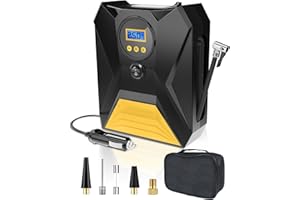 Lorrtta Gonfleur Pneus Voiture Portable, 12V, Affichage Numérique, Mémoire Intelligente, Arrêt Automatique, Quatre Unités Mesure, Gonflage Rapide, Lumière LED, pour Voiture, Vélo, Moto, Balle (Jaune)