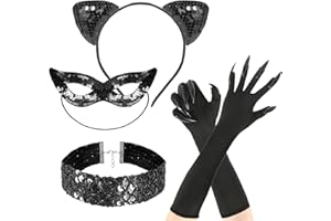 Beipegin Costume Gatto Donna Orecchie da Gatto Maschera Guanti Girocollo Catwoman Accessori per Travestimento Costume Carnevale Halloween Festa