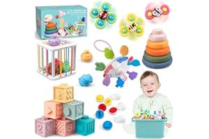 Plunack Montessori Giocattolo per Bambini 18 Mesi a 3 Anni, 6 in 1 Neonato Giocattoli Sensoriale, Blocchi e Anelli impilabili, Regalo di Compleanno per Bambini