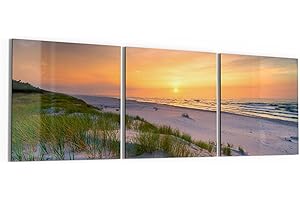 ‎DEQORI DEQORI Glasbilder Echtglas | Motiv "Sonne sinkt über Ostsee" | horizontal 3-teilig 150x50 cm | große XXL Deko | Wandbilder für Wohnzimmer, Schlafzimmer, Flur & Küche | moderne Wanddeko