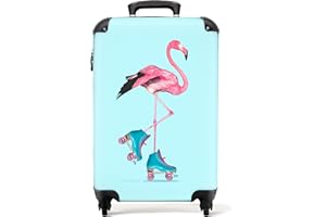 NoBoringSuitcases.com Valise Chariot à Bagages à Main Flamingo - Patins à roulettes - Bleu - Rose Bagage Cabine imprimé 55x35x25 cm Valise de Voyage avec roulettes - Trolley