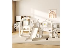 VUECER Tobogán para Niños Pequeños con Escalera: Zona de Juegos Interior y Exterior con Caja de Almacenamiento Túnel Escalera Aro de Baloncesto y Zona de Paso Tobogán de Jardín (SDW-K-Mocha)