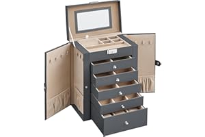 ‎SONGMICS SONGMICS szkatułka na biżuterię, na Boże Narodzenie, duża 6-poziomowa, pudełko na biżuterię z bocznymi drzwiczkami na zawiasach, szufladami, lustrem i zamknięciem, na zegarki, szary JBC152G01