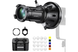 NEEWER Spotlight Aufsatz mit 20° Projektionsobjektiv, einstellbarer Fokus, 16 Gobos, 5 Farbgele, Bowens Montage Aufsatz, LED Kontinuierliche Ausgangsbeleuchtung, Studio Videoleuchte bis zu 300W, LS-39