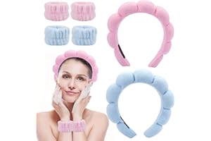 LUMINARYLAIR 6 Pezzi Cerchietto Skincare Donna,Fasce per Capelli in Spugna Antiscivolo,Set Fascia e Polsini Skincare,Polso per SPA Elastico,per Lavaggio Viso, Cura Della Pelle, Struccante, Doccia, Yoga(Rosa e Blu)