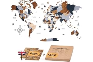 WOW WOOD® Premium Decorazione da parete Mappa del mondo in legno 3D in inglese con puntine | Montaggio a parete senza attrezzi | Idea regalo per ogni ricorrenza (Marrone scuro, 85.00 x 160.00 cms)