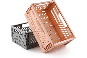 Spesh Lot de 2 Caisses Rangement Pliable Cagettes Plastique Empilable Caisse Pliante avec Poignée pour Cuisine, Chambre à Coucher, Bureau(rose+gris, 22 x 15 x 9 cm)