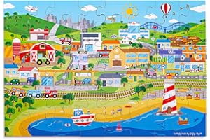 Bigjigs Toys Transport Town Floor Puzzle - 48 Piece Wooden Puzzle for 2+ Years, Quality Wooden Jigsaw Puzzles For Kids, Unique Toddler Toys & Toddler Puzzles