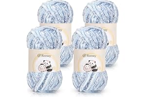 Reessy Chenille Yarn 400g(4×100g), Super Soft Chenille Yarn Chunky Yarns for Crochet and Knitting, Fluffy Velvet Chenille Wool for Crochet Exquisite Crafts, Amigurumi, Baby Blanket (Ice Blue)