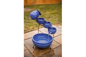 Garden Mile Fuente de agua solar de cerámica azul real para jardín con efecto esmaltado, fuente de agua solar para interiores o exteriores, maceta en cascada para tu jardín, hogar o patio, 49 x 44 cm