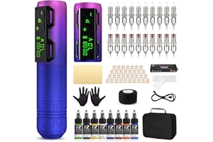 EZ TATTOO EZ Kit de Tatouage - Tatouage Sans Fil Kit Professionnel Complet avec Machine à Tatouer Rotative Stylo, Batterie D'alimentation 1800mAh pour les Débutants et les Artistes du Tatouage (P2S Pourpre)