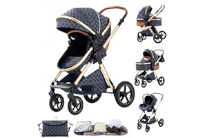 BEBBY Carrito Bebe 3 en 1, Empuje Bidireccional Reversible，Cochecitos Combinados Portátil Plegable，3 Piezas Empuje Bidireccional Reversible, Cochecito Bebe Marco de Aleación Aluminio-H2-BLUE