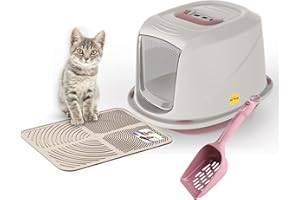 CAT CENTRE Medium Pink Hooded Kitten Litter Tray +Waste Scoop +Tray Mat Set Carbon Filter Small Cat Toilet Pet Box Loo Pan Starter Pack Portable Swing Flap Door Carry Handle Galaxy Easy Cleaning