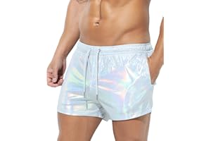 Casey Kevin Men's Metallic Shorts with Pockets Summer Reflective Rave Shorts Shiny Sparkly Party