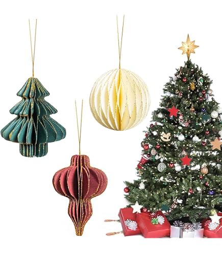 12 palline di carta a nido d'ape per feste di Natale, 8 cm, palline da appendere con filo dorato per decorare l'albero della casa e le vacanze
