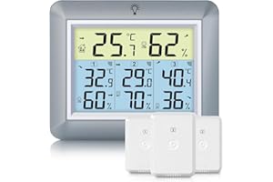 Urageuxy Wetterstation Funk mit 3 Außensensor - Wetterstation mit 100m Reichweite, Digital Hygrometer Thermometer mit Hintergrundbeleuchtung, MIN/MAX-Aufzeichnung, Einfache Bedienung (Grau)