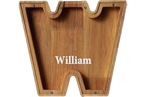 JOULLI Personalized Wooden Money Box, A-Z Letters Wooden Piggy Bank, Coin Bank with DIY Alphabet Stickers, Money Saving Bank Coin Storage Box Birthday Xmas Back to School Gifts (W)