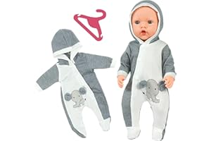 Aolso Vestiti per Bambole per New Born Baby Doll, Abiti per Bambolotti 35-45CM, Pagliaccetti Stampa con Cappello, con 1 Gruccia, Modello di Elefante Grigio e Bianco (Bambola non Inclusa)