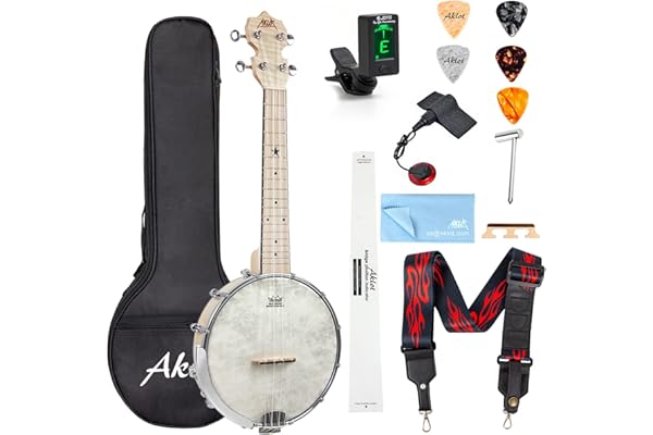 Aklot Banjolele,4 Saiten Banjo-Ukelele 23 Zoll Konzert Remo Trommelkopf, offener Rücken, Ahornkorpus 1:15, Advanced Tuner mit Zwei-Wege-Halsstab,Gigbag Tuner Saitengurt Plektren
