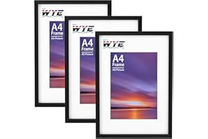 wyewye Confezione da 3 cornici in legno A4 con supporto, da tavolo o da appendere alla parete, cornice A4 nera con supporto A5, cornice per documenti con finestra in plexiglass, colore nero