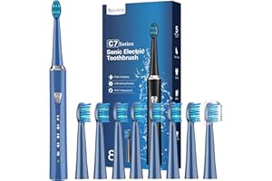 COULAX Cepillos de Dientes Electricos Sónico Viajar - Cepillo Electrico Adultos Infantil con 8 Cabezales, 5 Modos, IPX7, Cepillos de Dientes Eléctricos Ultrasónicos, Azul Marino