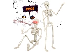 Vleuexe Pack of 2 Halloween Decorative Skeleton,40 cm Full Body Mini Halloween Hanging Skeleton with Sound,Glowing Red Eye,with Movable Joints for Halloween,Theme Parties,Garden,Outdoor