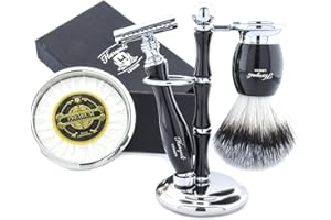 HARYALI LONDON Kit da barba da uomo, 5 pezzi, spazzola da barba per capelli di tasso, supporto da barba in acciaio inossidabile lucidato a mano, ciotola da barba, rasoio di sicurezza e sapone