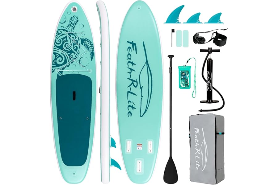 FEATH-R-LITE Inflatable Stand Up Paddle Board Ultra-Light Paddleboards - SUP Accessories Adjustable Paddle, Pump, Backpack, Leash, Fins for All Skill Levels