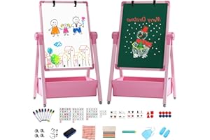 CHIDIAM Lavagna per Bambini Cavalletto Artistico Pittura in Regolabile Altezza 3 in 1 Doppia Faccia Tavolo da Disegno Pieghevole, Lavagna Bianca Girevole a 360° con Lettere e Numeri Giocattoli 3+ Anni