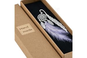 Harphia Marque-livre à plumes, séparateur de pages attrape-rêves en métal, plume violet clair, 1 pièce par lot, avec boîte cadeau par paquet, parfait pour les femmes, les étudiants, la famille, les