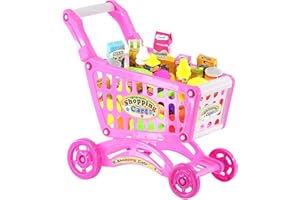 The Magic Toy Shop Kids Shopping Trolley Toy with Accessories - Pink, Pretend Play Food, Grocery Cart, Role Play Fun - Child's Shopping Trolley for Toddlers, Supermarket Toys for Learning