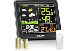 HONMICON Wetterstation Funk mit Außensensor, mit Innen Außen Hygrometer- und Thermometer, Wettervorhersage, Farbdisplay, 3 Einstellbare Helligkeit, Uhrzeitanzeige, Wecker
