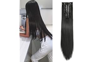 JIAMEISI Clip-in Hair Extensions 22 Inch Off Black Straight, Full Head Synthetic, 180g Thick Double Weft Hairpieces for Women